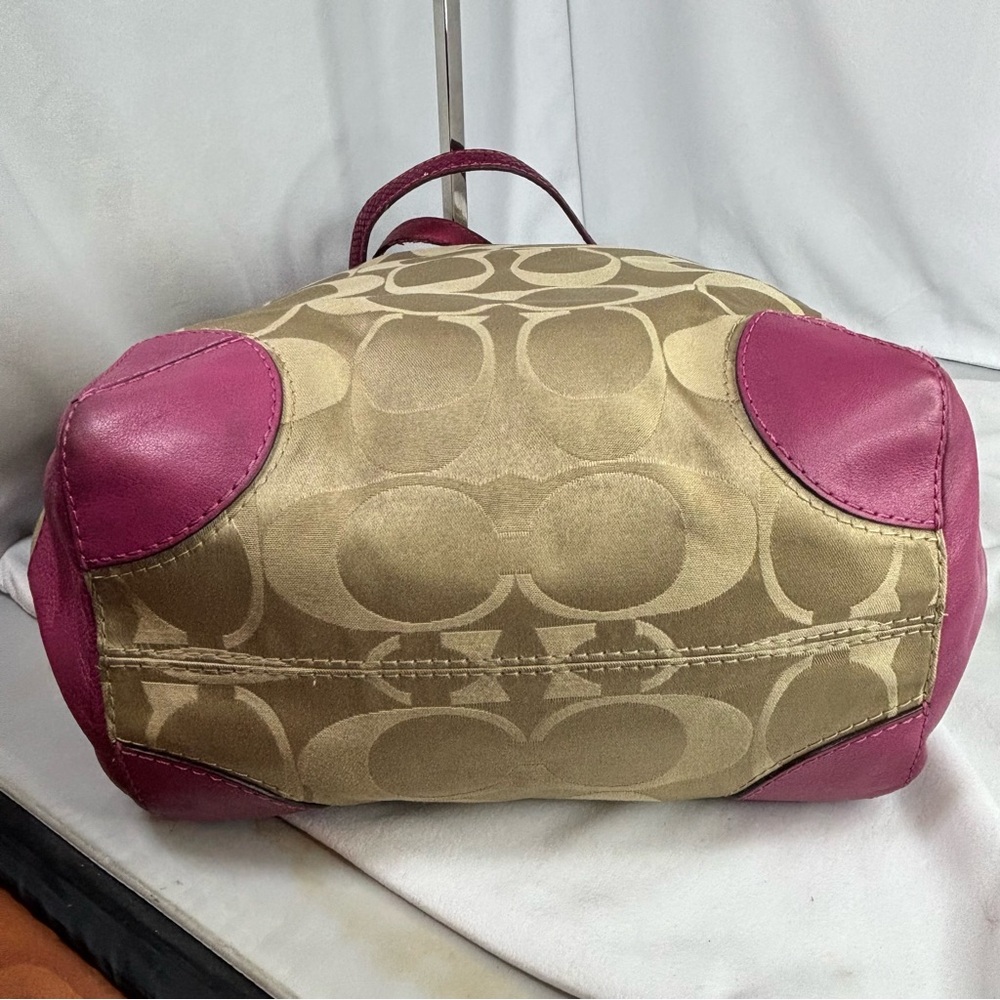 COACH Peyton Signature Khaki/ Fushia Sateen Signature Tote Bag - Picture 10 of 14